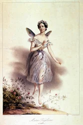 Marie Taglioni (1804 - 1884), bailarina, representada en sílfide - Ilustración de Achille Deveria (1800 - 1857)