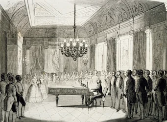 Velada musical con piano, de Achille Deveria (1800-1857), grabado, Francia