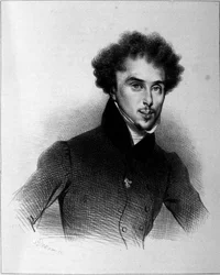 Retrato de Alexandre Dumas, grabado por Deveria