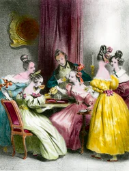 Una tarde en el Salón de té durante la Restauración grabado por Achille Deveria (1800-1857) siglo XIX
