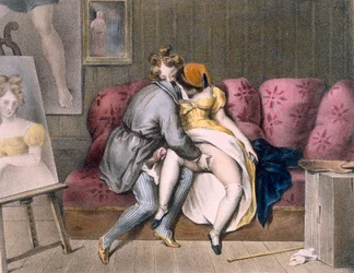 Artista y modelo: juegos preliminares manuales, c.1830-40 (litografía en color)