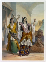 Bailarinas egipcias interpretando el Ghawazi en Rosetta, Egipto, 1848
