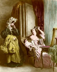 El tocador: una joven elegante con su doncella. Litografía de Achille Deveria (1800-1857) siglo XIX. Colección privada