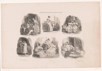 Seis actuaciones de mujeres jóvenes en un interior. Pequeñas y variadas escenas de Aubert (título de la serie) Petites macédoines d