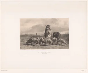 Agricultor con ternera y oveja de Auvernia Le Fermier Auvergnat (título sobre objeto) Grabados de pinturas de la escuela moderna (título de la serie) L
