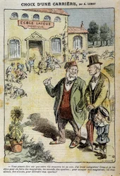 Elección de una carrera: Caricatura sobre la Escuela Laica - por Achile Lemot (1846-1909), en “Le Pelerin” del 04/04/1909