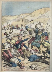 Muerte del Marqués de Mores (Antoine-Amedee-Marie-Vincent) Manca de Vallombrosa (1858-1896) y sus compañeros cerca de El-Ouatia en Túnez en 1896 - Ilustración de Achille Lemot en Le-Pelerin de junio de 1896