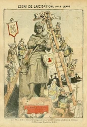 Ilustración de Achille Lemot (1846-1909) en Le Pèlerin, 05/05/07 - Intento de laicización - antimasonería, masonería, religión, fe, catolicismo - laicización, laicidad, laicistas - Juana de Arco - Cambio de escala