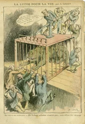 Ilustración de Achille Lemot (1846-1909) en Le Pelerin, 21/04/07 - La lucha por la vida - Socialismo, Radical-Socialismo - Animalización