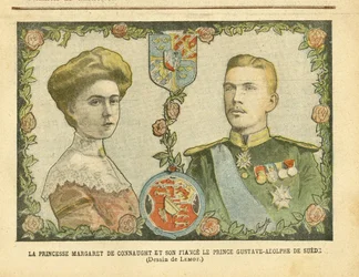 Ilustración de Achille Lemot (1846-1909) en Le Pelerin, 21/05/05 - Princesa Margarita de Connaught y su prometido el príncipe Gustavo-Adolfo de Suecia - Monarquía, Medalla, Soberano extranjero, Suecia - De Connaught Margarita (1882-1920), Gustavo IV Adolfo