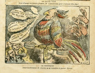 Ilustración de Achille Lemot (1846-1909) en Le Pèlerin, 26/01/08 - El gran pavo real - Huelga, socialismo, Carmaux, Humanité (periódico) - Jean Jaurès, loro