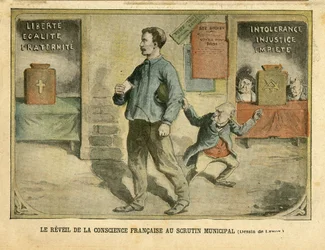 Ilustración de Achille Lemot (1846-1909) en Le Pelerin, 01/05/04 - El despertar de la conciencia francesa al voto municipal - Elecciones, Religión Fe, Bloque de izquierdas, Catolicismo Católico - Laicización Laicidad Leyes laicas - Combes Emile (1835-1921)