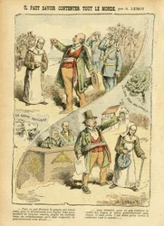 Ilustración de Achille Lemot (1846-1909) en Le Pèlerin, 03/09/05 - Hay que saber contentar a todo el mundo - Anticlericalismo, antimasonería, religión y fe, medalla, Bloque de las izquierdas, catolicismo - Expulsiones de religiosos, laicización
