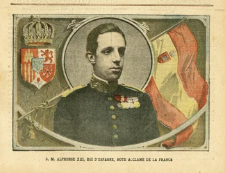 Ilustración de Achille Lemot (1846-1909) en Le Pelerin, 04/06/05 - Su Majestad Alfonso XIII, Rey de España, Huésped Aclamado de Francia - España, Monarquía, Banderas, Soberano Extranjero - Alfonso XIII