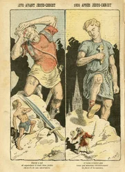 Ilustración de Achille Lemot (1846-1909) en Le Pèlerin, 05/11/05 - 1070 a. C. Jesucristo 1905 d. C. - Antimasonería, religión y fe, Bloque de las izquierdas, catolicismo - Laicización, laicidad, laicos - David, Goliat - Cuentos y mitología