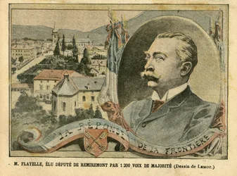 Ilustración de Achille Lemot en Le Pelerin, 07/02/04 - M. Flayelle, elegido diputado de Remiremont por 1200 votos de mayoría - Elecciones, Alsacia Lorena, Cámara de Diputados Hemiciclo, Patriotismo, Fronteras, Remiremont, Vosgos - Diputado, Flayelle