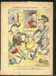 Ilustración de Achille Lemot (1846-1909) en Le Pelerin, 07/03/09 - El Conflicto Caillaux-Picard - Tributación, Impuesto sobre la renta - Combes Emile (1835-1921), Clemenceau George, Caillaux Joseph (1863-1944)