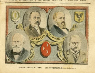 Ilustración de Achille Lemot (1846-1909) en Le Pelerin, 09/07/05 - El conflicto franco-alemán, los negociadores - Colonización, colonialismo, colonias, Alemania, Prusia, Marruecos, Francia, Tánger - Maurice Rouvier (1842-1911), Bernhard von Bülow