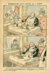 Ilustración de Achille Lemot (1846-1909) en Le Pelerin, 22/05/04 - Comedia en dos actos - Restaurante Cafés, Gastronomía cocina, Socialismo - Boys de café, Trufa - Grasa/delgado