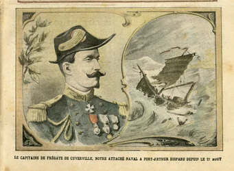 Ilustración de Achille Lemot (1846-1909) en Le Pelerin, 25/09/04 - El capitán de la fragata de Cuverville, nuestro agregado naval en Port-Arthur desaparecido desde el 17 de agosto - Ejército, Marina Marítima Náutica Balnearia, Port-Arthur, Naufragio - De C