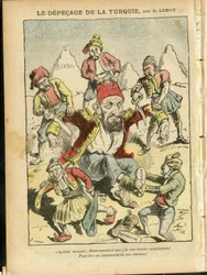 Ilustración de Achille Lemot (1846-1909) en Le Pelerin, 25/10/08 - El desmembramiento de Turquía - Turquía, Religión Fe, Balcanes, Bulgaria, Bosnia Herzegovina, Creta, Catolicismo - Abdul-Hamid II (1842-1918)