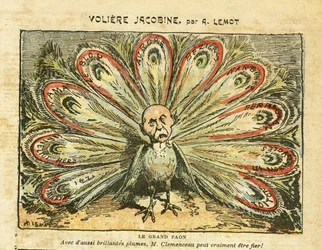 Ilustración de Achille Lemot (1846-1909) en Le Pèlerin, 26/01/08 - Pajarera jacobina - Bloque de las izquierdas, crisis del vino, revuelta de los viticultores, Narbonne, Béziers, Aurore (periódico) - Georges Clemenceau, pavo real - Animalización