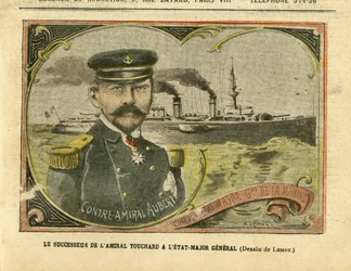 Ilustración de Achille Lemot (1846-1909) en Le Pelerin, 27/08/05 - El sucesor del Almirante Touchard en el Estado Mayor - Ejército, Marina Marina Balnearia, Estado Mayor, Buques de Guerra - Almirante Almirantes, Aubert Marie Jacques Charles (1848-1915), To