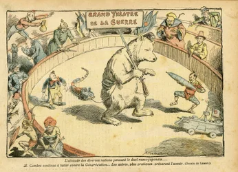 Ilustración de Achille Lemot (1846-1909) en Le Pelerin, 28/02/04 - La actitud de varias naciones... - Rusia, guerra ruso-japonesa - Émile Combes, oso, oso de feria - Animalización, carnaval/juego/circo