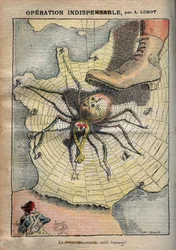 Operación indispensable - ¡Masonería, aquí está el enemigo! - caricatura de Achille Lemot en «Le Pèlerin» de abril de 1907