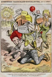 Radical-Socialistas: caricatura de Achille Lemot en Le Pelerin (1909) - un trabajador se derrumba bajo la carga de impuestos y molestias resultantes de la mala gestión del gobierno y Georges Clemenceau - huelgas