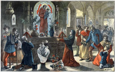 La devoción a San Antonio de Padua reúne ante su altar a todas las clases de la sociedad - Ilustración de Achille Lemot en Le-Pelerin de 1896