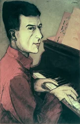 Retrato de Maurice Ravel tocando el piano