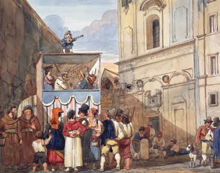 Teatro de marionetas en la iglesia romana de los Santos Quirico y Giuditta, por Achille Pinelli (1809-1841), acuarela, (detalle), Italia