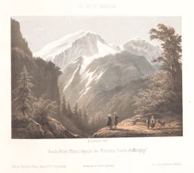 Vista del glaciar Mer-de-Glace. La Mer de glace et le Montanvert (título sobre el objeto) Memoria de Chamonix-Mont-Blanc (título de serie) Museum du Mont-Blanc (título de la serie sobre el objeto)