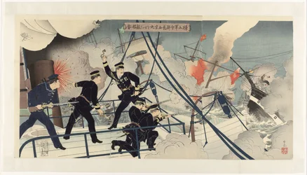 Kabayama, jefe del mando naval, ataca un barco enemigo con el Seikyô Maru Kabayama gunreibuchô Seikyô Maru o motte tekikan ni ataru (título sobre el objeto)