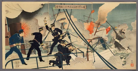 Kabayama, el jefe del estado mayor naval, atacando barcos enemigos desde el Saikyomaru