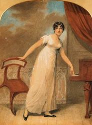 Retrato de una dama, de pie, con un vestido blanco junto a un piano, 1801