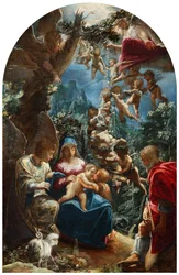 Italiano: sacra famiglia con san giovannino e un angelo La Sagrada Familia con el niño Juan Bautista y ángeles