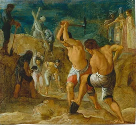 El retablo de Fráncfort de la Exaltación de la Vera Cruz: La excavación de la Cruz (abajo, centro izquierda)