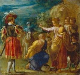 El retablo de Fráncfort de la Exaltación de la Verdadera Cruz: El interrogatorio del judío (abajo a la izquierda)