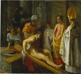 El retablo de Fráncfort de la Exaltación de la Vera Cruz: La prueba de la cruz (centro derecha)