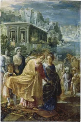 El retablo de Fráncfort de la Exaltación de la Vera Cruz: El embarque de la emperatriz Elena (izquierda)
