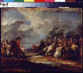 Una batalla. Una batalla. Pintura de Adam Frans van der Meulen (1632-1690), hacia 1660. Óleo sobre madera. Arte flamenco, estilo barroco. Museo Pushkin de Bellas Artes, Moscú