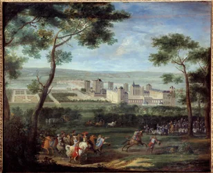 Vista del castillo de Vincennes alrededor de 1660: Luis XIV y María Teresa de Austria en primer plano