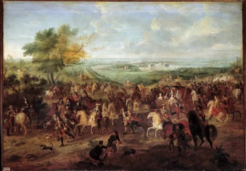 Paseo en carruaje del Rey Luis XIV, la Reina María Teresa de Austria, el Delfín Luis y la Delfina frente al castillo de Clagny en Versalles