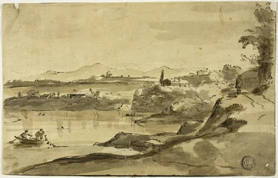 Paisaje con pescador en un lago