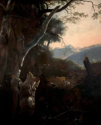 Paisaje montañoso con campesinos, vacas y cabras