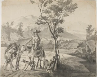 Jinetes y perros en un paisaje rocoso