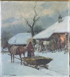 Trineos frente a una casa, 1930