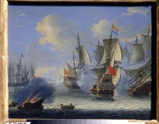 Batalla naval (Una batalla naval). Pintura de Adam Silo (1674-1757). Óleo sobre lienzo, 25 x 33,5 cm. Arte holandés, arte barroco. Museo Estatal de Arte, Tula (o Tolán).